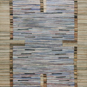 Flat-weave rug displaying blue and cream horizontal stripes surrounded by wide beige and brown borders.