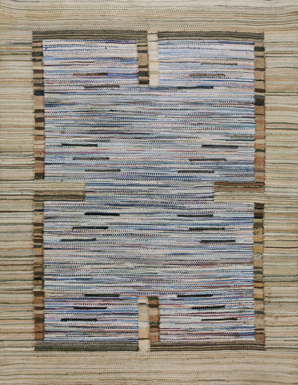 Flat-weave rug displaying blue and cream horizontal stripes surrounded by wide beige and brown borders.