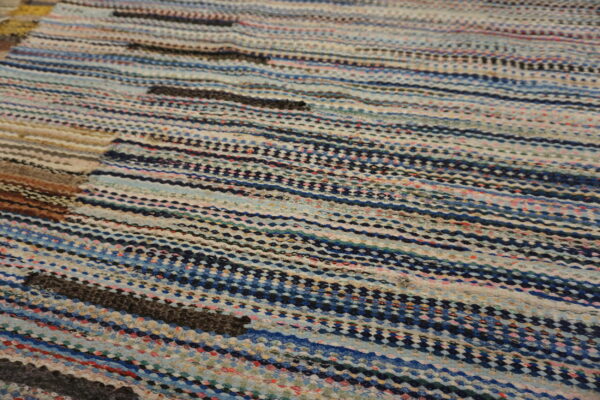 Close-up of a textured low-pile rug with colorful horizontal stripes primarily in blue, white, and dark hues.
