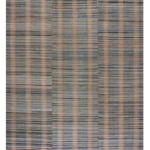Flatweave rug in variegated gray, tan, and blue stripes forming a subtle plaid design across three panels.