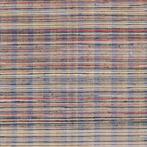 Textured, ribbed flatweave rug with a checkered pattern of light blue, beige, and reddish stripes.