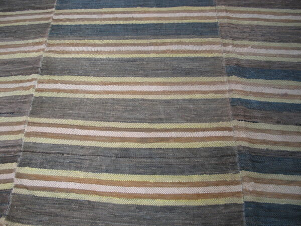 A flatwoven striped rug featuring colors of gray, blue, brown, pale yellow, and off-white visible across stitched panels.