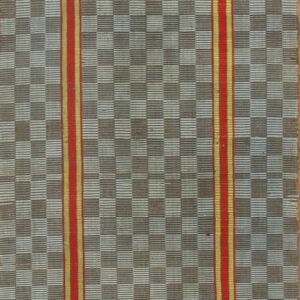 Flatweave runner displaying a gray checkerboard and two vertical red stripes framed by yellow bands.