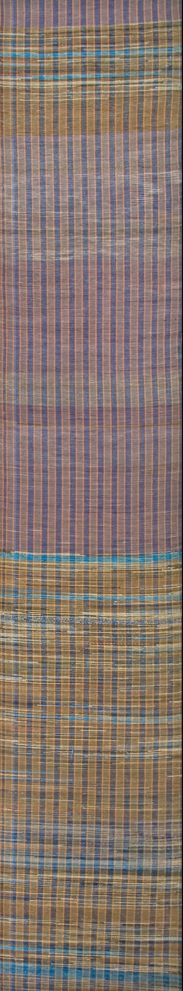 Vintage american rag rug hallway runner multicolor 1950s 1 Vintage american rag rug hallway runner featuring brown, blue, and purple stripes in a split plaid and banded design.