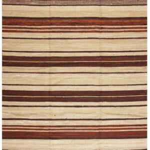 Flatweave rug with thick horizontal stripes in natural beige, dark brown, and reddish-brown.