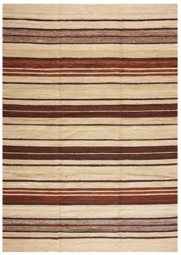 Flatweave rug with thick horizontal stripes in natural beige, dark brown, and reddish-brown.
