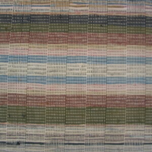 Tightly woven, low-pile rug featuring horizontal stripes in muted blue, green, pink, and brown tones.