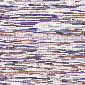 Woven rug texture showing alternating dark black bands and variegated stripes of purple, white, and brown.