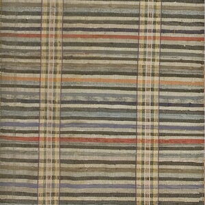 Flatwoven rug with muted horizontal stripes of green, gray, and red intersected by plaid columns.