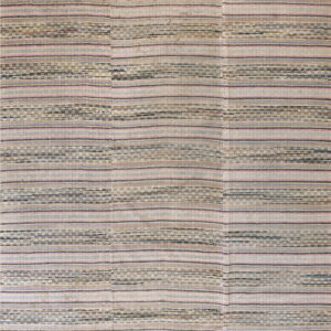 Neutral flatweave rug with wide stripes and small checkered bands, accented by thin pink and blue lines.
