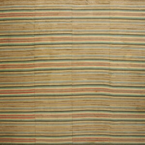 Flatweave rug with horizontal stripes in muted beige, olive, teal, and reddish brown colors.