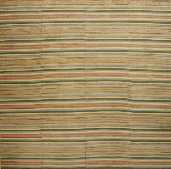 Flatweave rug with horizontal stripes in muted beige, olive, teal, and reddish brown colors.