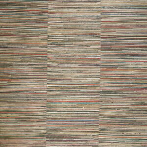 Multicolored flatweave rug featuring tight horizontal stripes of natural tones, beige, red, blue, and green.