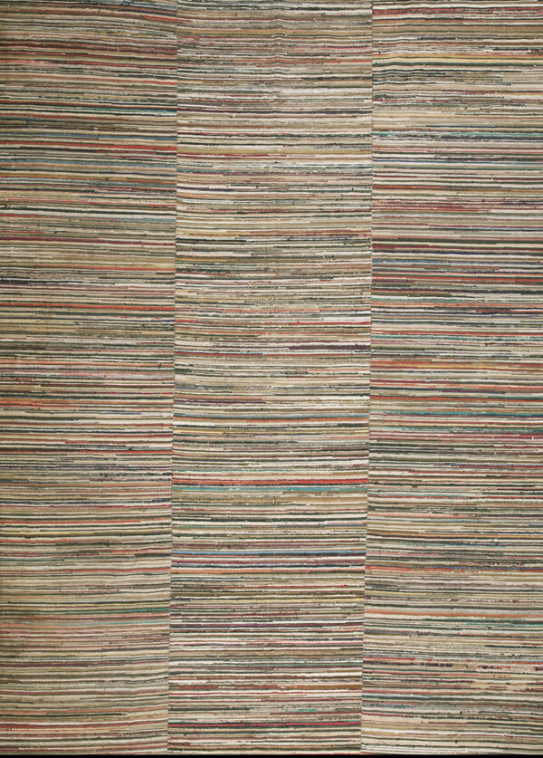 Multicolored flatweave rug featuring tight horizontal stripes of natural tones, beige, red, blue, and green.