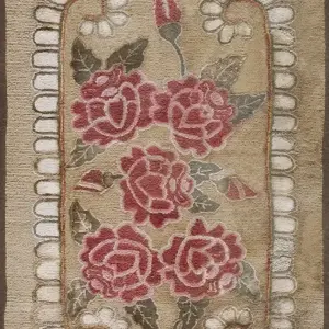 Antique American Small Size European Influenced Floral Inlay Pattern Hooked Rug by Rugs On Net