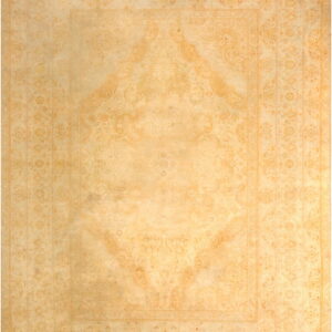 Monochromatic traditional rug featuring a faded medallion and borders in subtle cream and tan.