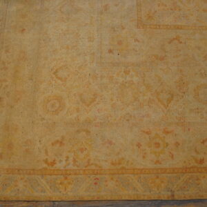 Muted gold low-pile rug with faint traditional border pattern and white fringe rests on wood floors.