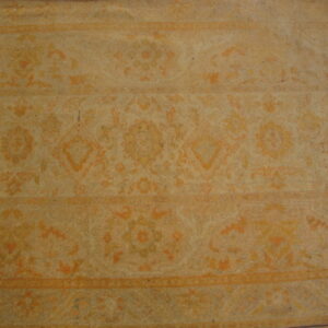 Muted tan rug featuring banded floral and geometric patterns in soft orange and gold tones.