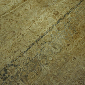 Monochromatic gold and dark brown traditional rug with a detailed border rests on distressed wood planks.