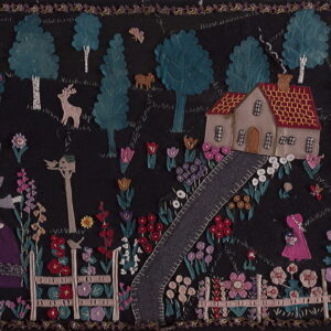Appliquéd folk art rug with a dark field showing a house, garden, figures, deer, rabbits, and trees.