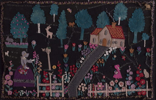 Appliquéd folk art rug with a dark field showing a house, garden, figures, deer, rabbits, and trees.