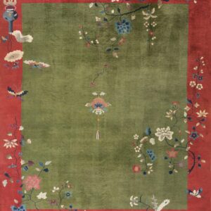 Olive green rug with a wide red border and colorful stylized floral and butterfly pattern.