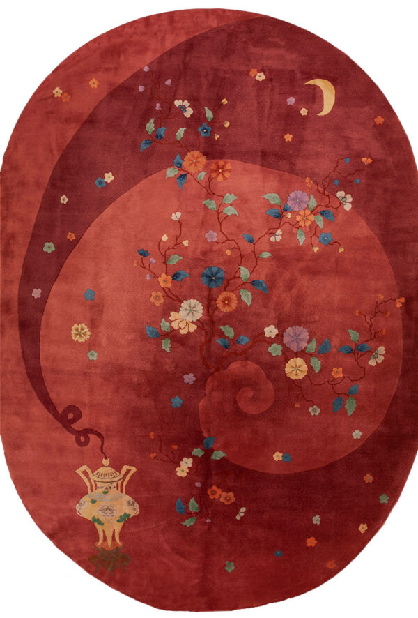 Floral design on rich red background.