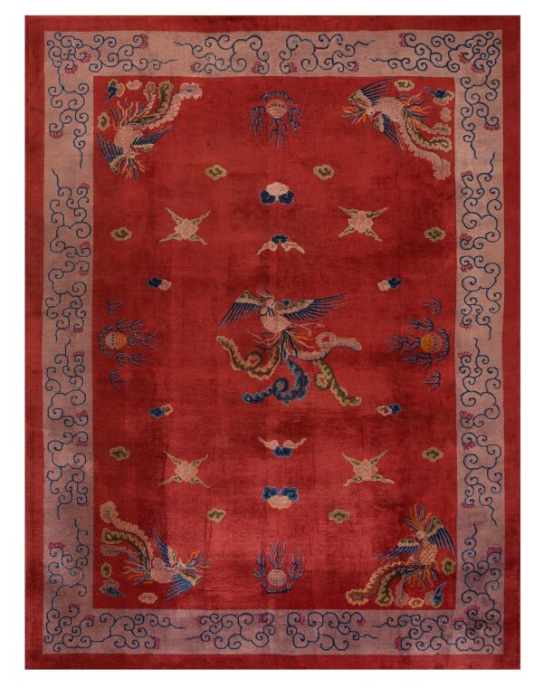 Crimson rug with stylized phoenix and cloud patterns, framed by a light rose scrolling border.
