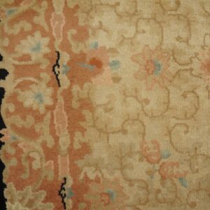 Tan rug detail showing peach floral motifs, teal accents, a black border, and weathered wood flooring.