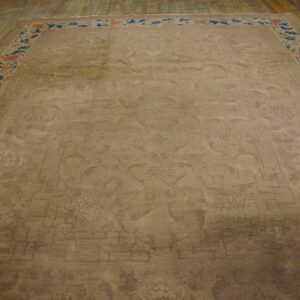 Large tan rug featuring a faint center pattern and a border with vibrant blue and red floral designs on wood.