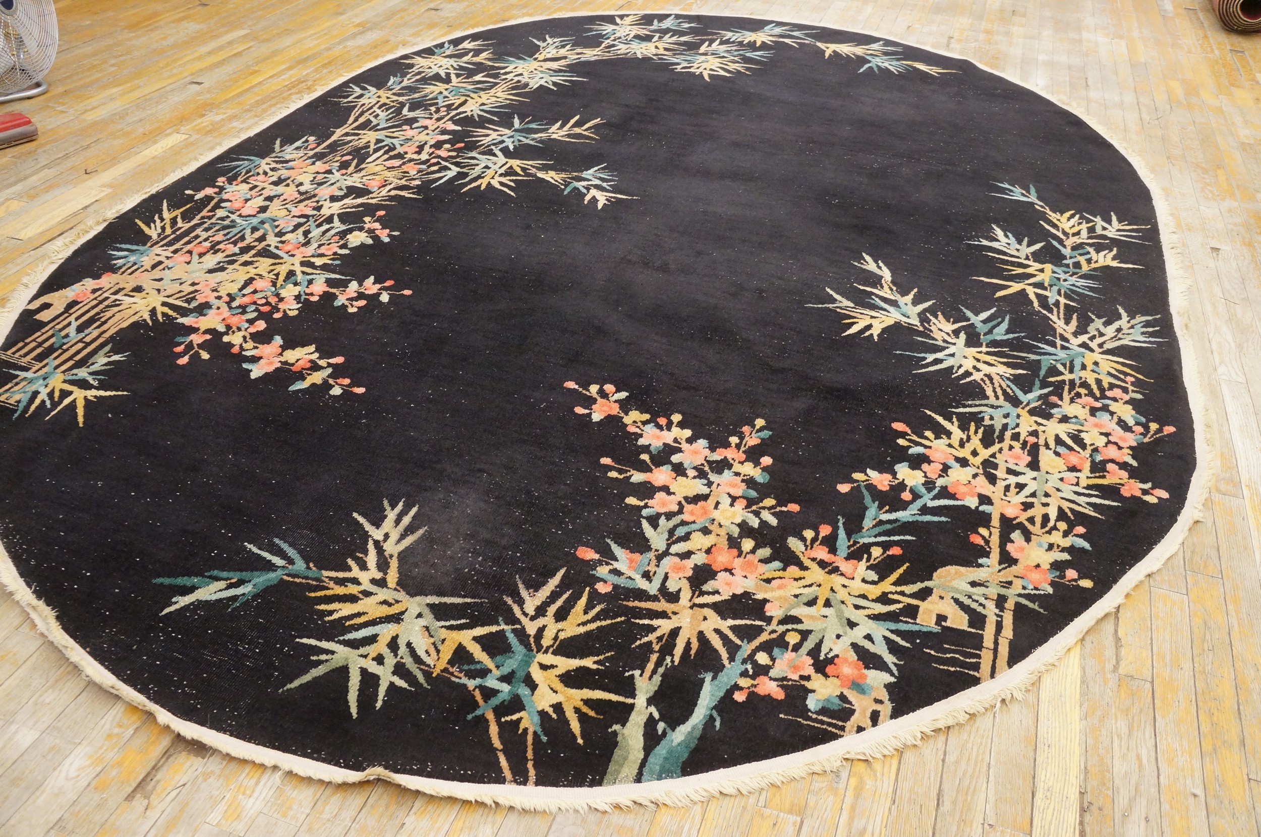 Antique Art Deco Chinese Floral Black 1920s Rug - Rugs On Net