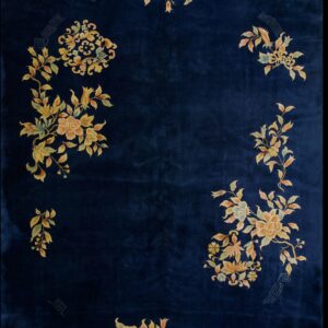 Navy rug with floral art deco design