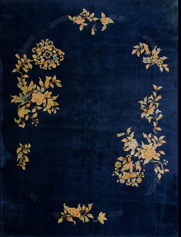 Navy rug with floral art deco design