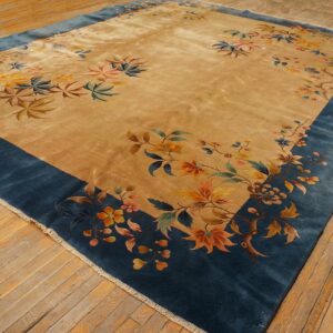 Plush golden tan rug featuring a scattered floral design with a wide dark blue border on wood floors.
