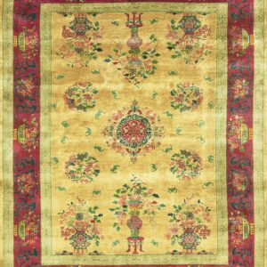 Ornate gold rug featuring floral vases and medallions, framed by a wide magenta and green border.