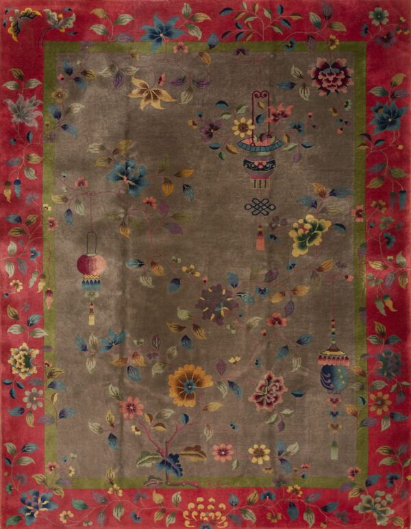 High-pile rug with a taupe field and rose border, featuring an elaborate floral and lantern pattern.