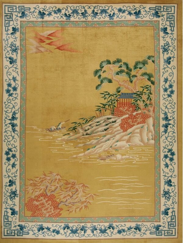 Golden landscape with serene water scene