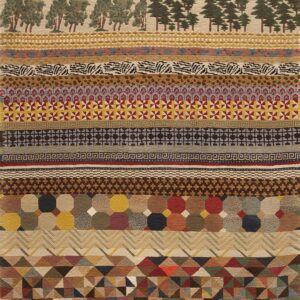 Striped rug design featuring many multicolored horizontal bands of varying geometric and figural patterns.