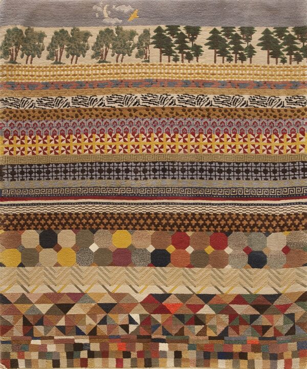 Striped rug design featuring many multicolored horizontal bands of varying geometric and figural patterns.