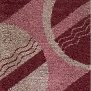 Textured rug featuring geometric burgundy, pink, and beige shapes with wavy lines and stripes.