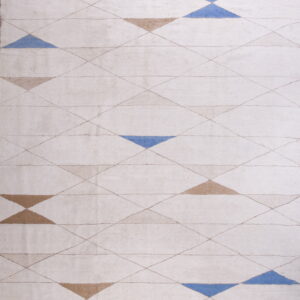 Cream flatweave rug with a subtle diamond pattern accented by large blue and tan triangles.