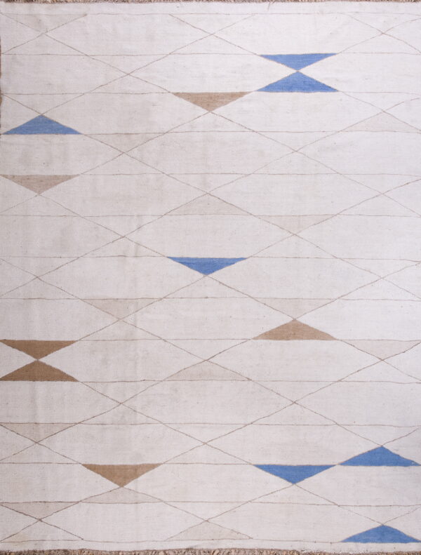 Cream flatweave rug with a subtle diamond pattern accented by large blue and tan triangles.