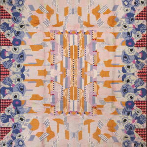 Abstract rug displaying central geometric stripes flanked by dense floral motifs in blue, pink, and orange.