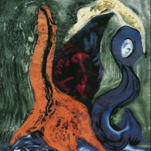 High-pile abstract rug featuring bold orange, deep blue, and black shapes over a dark green background.