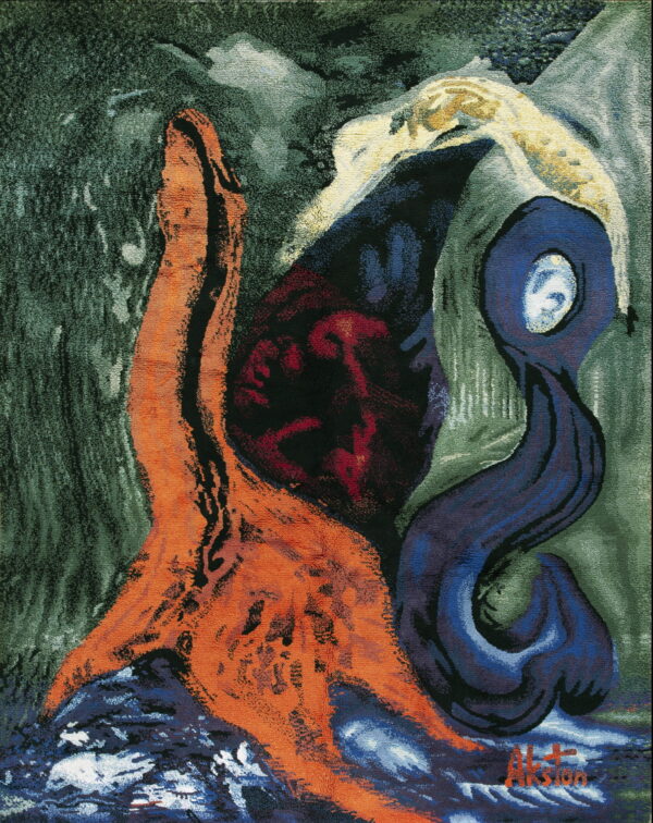 High-pile abstract rug featuring bold orange, deep blue, and black shapes over a dark green background.