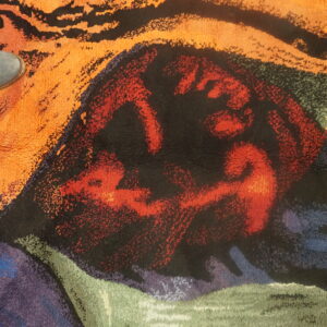 Abstract high-pile rug detailed in vibrant orange, black, red, green, and purple swirling colors.