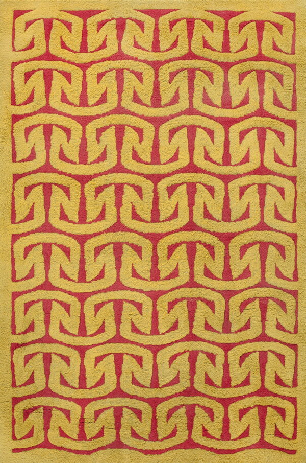 The high-pile rug features a repeating interlocking chain design in bright yellow and vibrant magenta.
