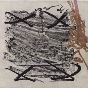 A cream rug featuring an abstract, scribbled pattern in black, brown, and pink.