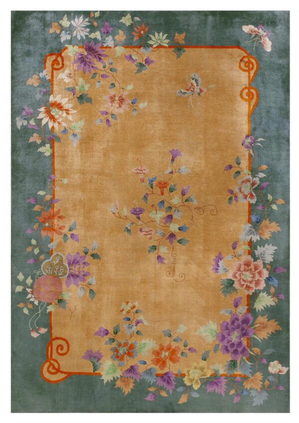 Gold field rug with a teal border and a colorful pattern of stylized flowers and butterflies.