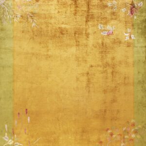 Textured, shimmering gold rug with an olive border and asymmetric pink and white floral designs.